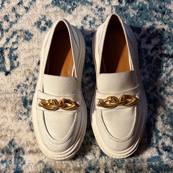 Tory Burch White Loafers with Gold Chain Detail - Picture 2 of 6